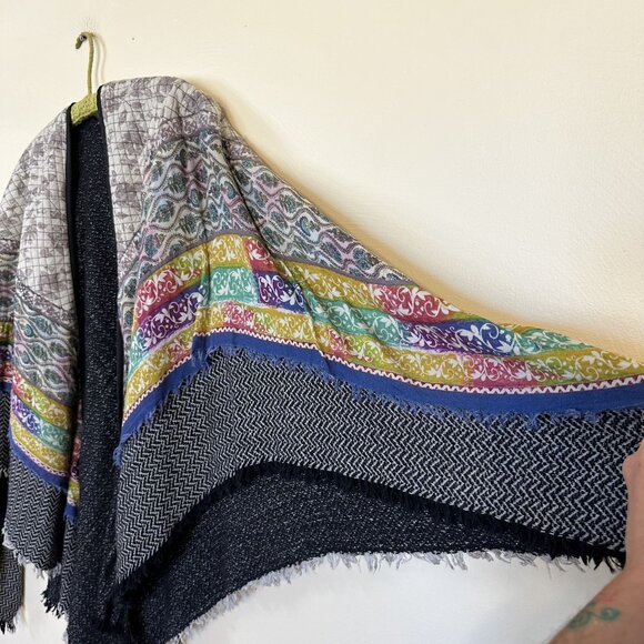 Bohemian Womens Poncho Multicolor Fringe Trim Open Front Shawl Wrap OS Tie Dye - Picture 4 of 5